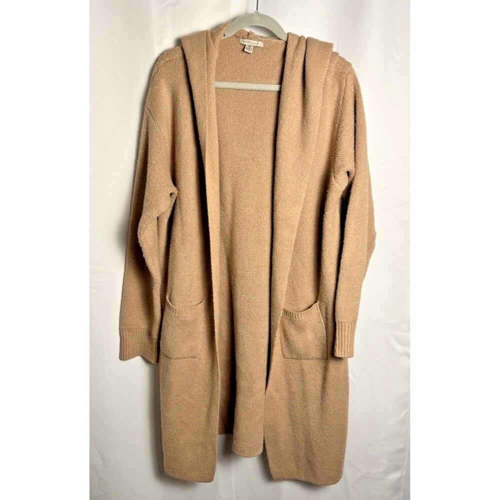 Cozy Casual Womens Size 3X Camel Long Hooded Open Cardigan Pockets
